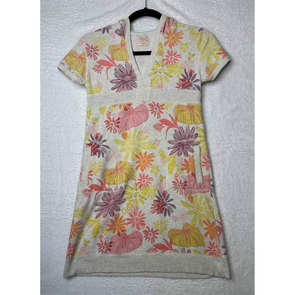 Old Navy Floral Hooded Dress Girls XL Cream Pink Yellow Y2K Short Sleeve Pocket